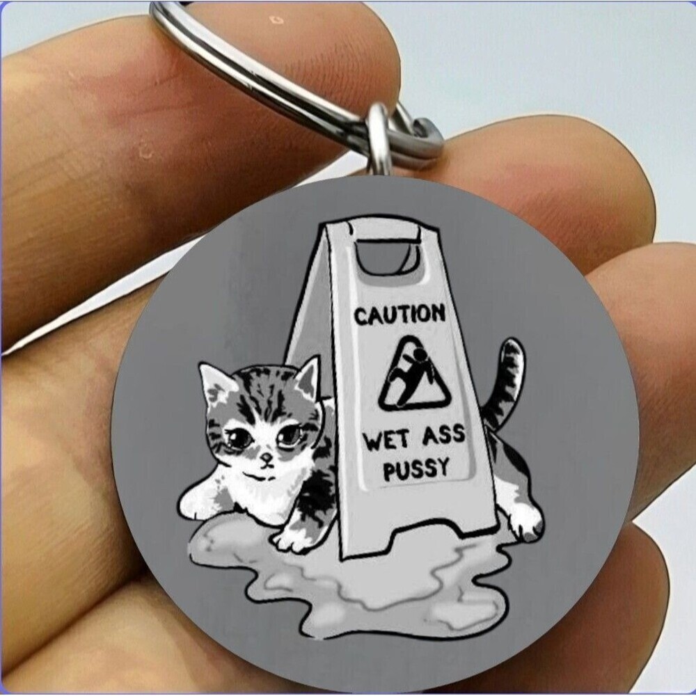 Wet Kitty Cat Slippery Floor Water Hot Funny Stainless Keychain Art